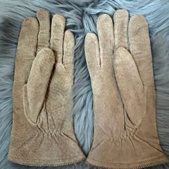 Vintage Isotoner Weathered Tan Suede Leather Gloves Wool Lined Winter Riding - Picture 2 of 4